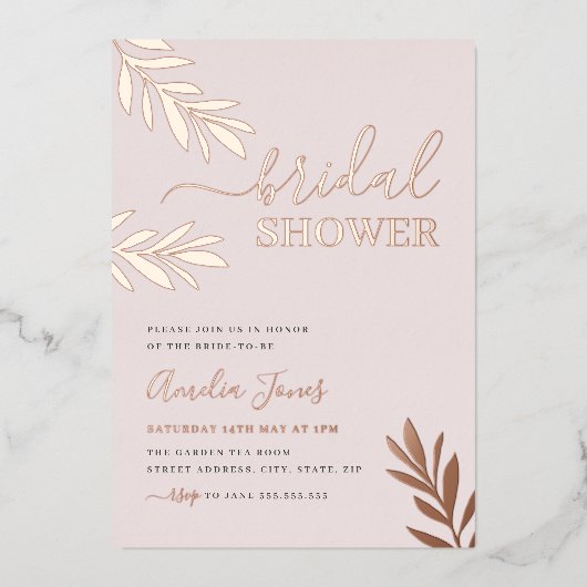 Boho Leaf Rose Goud Bruiloftsborrel Folie Uitnodiging (Voorkant)