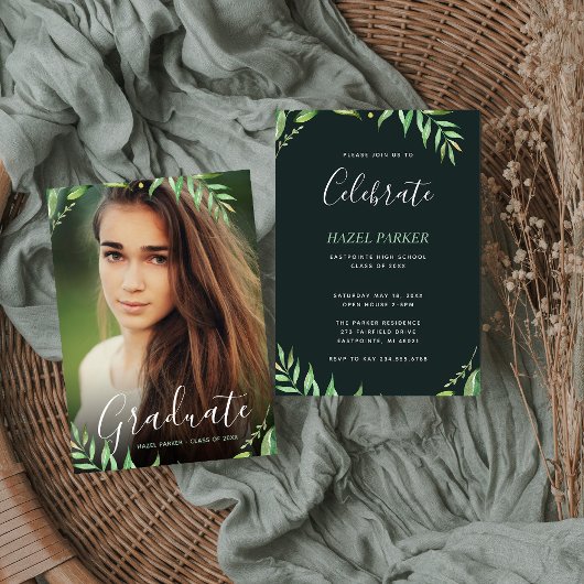 Boho Leaves Photo Afstuderen Invitation Kaart