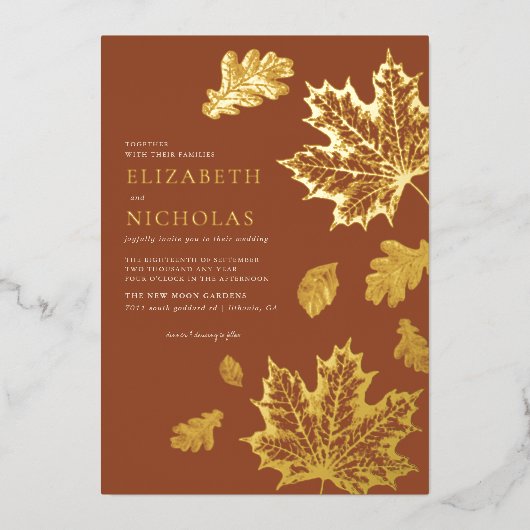 Boho  Leaves Rustic Herfst Terracotta Wedding Folie Uitnodiging (Voorkant)