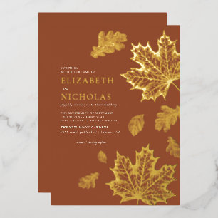 Boho  Leaves Rustic Herfst Terracotta Wedding Folie Uitnodiging