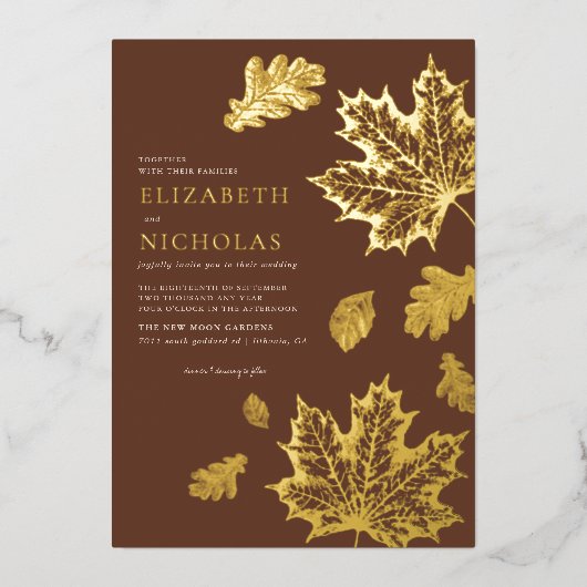 Boho  Leaves Rustic Herfst Terracotta Wedding Folie Uitnodiging (Voorkant)