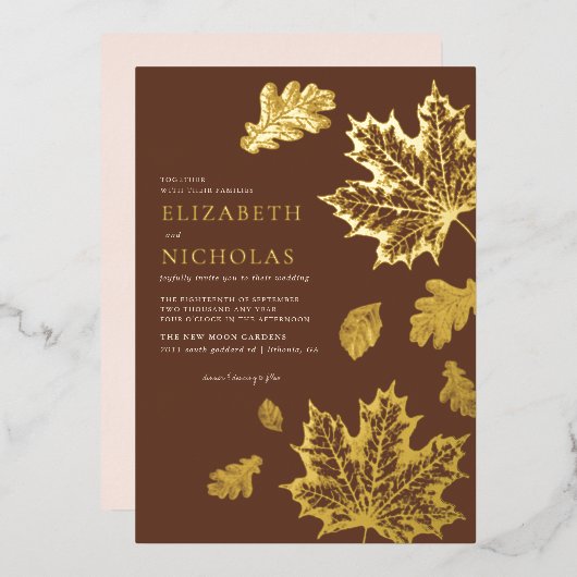 Boho  Leaves Rustic Herfst Terracotta Wedding Folie Uitnodiging (Voorkant / Achterkant)