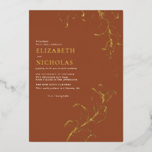 Boho  Leaves Rustic Herfst Terracotta Wedding Folie Uitnodiging