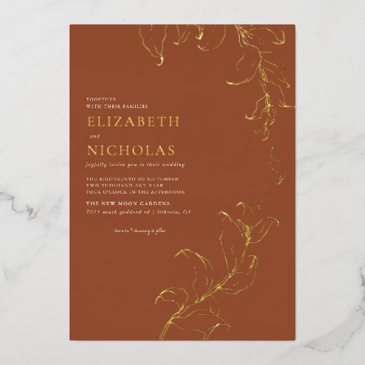 Boho  Leaves Rustic Herfst Terracotta Wedding Folie Uitnodiging (Voorkant)