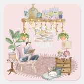 Boho leeszaal vierkante sticker (Voorkant)