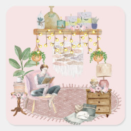 Boho leeszaal vierkante sticker