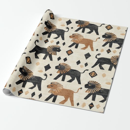 Boho Leeuw Tribale Safari Patroon Cadeaupapier (Uitgerold)