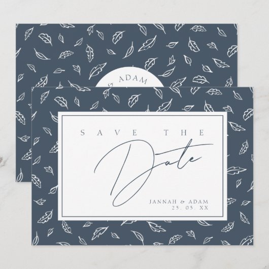 Boho Leiste Blauwe Blad Monogram Save The Date (Voorkant / Achterkant)