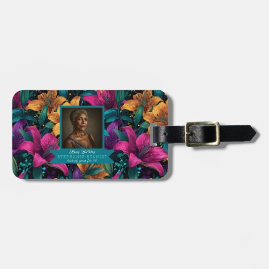 Boho Lelies Bloem Luxe Verjaardagsfeest Bagagelabel (Voorkant horizontaal)