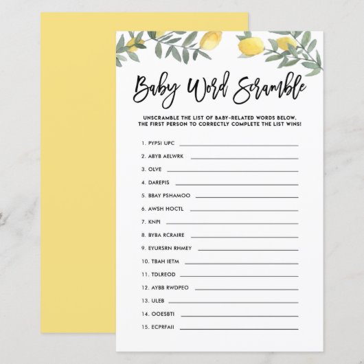 Boho Lemon Baby Word Scramble Baby shower Game (Voorkant / Achterkant)
