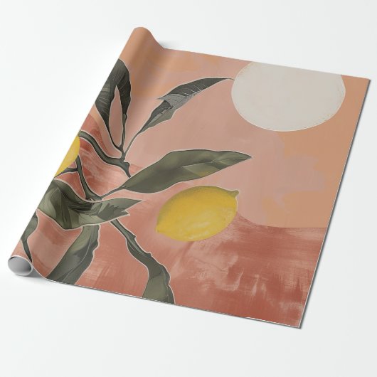 Boho Lemon Branch met Sun Minimalist Abstract (2) Cadeaupapier (Uitgerold)