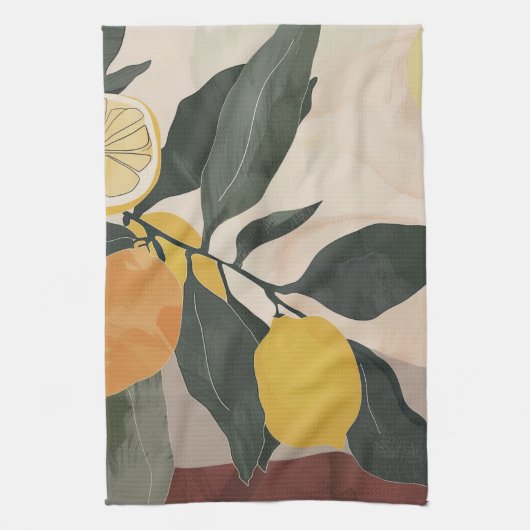 Boho Lemon Branch met Zon Abstracte Fruit Artwork Theedoek (Verticaal)