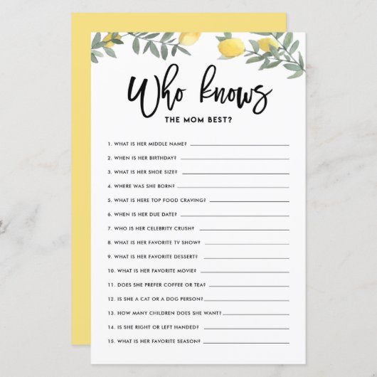 Boho Lemon die mam het beste Baby shower spel kent (Voorkant / Achterkant)
