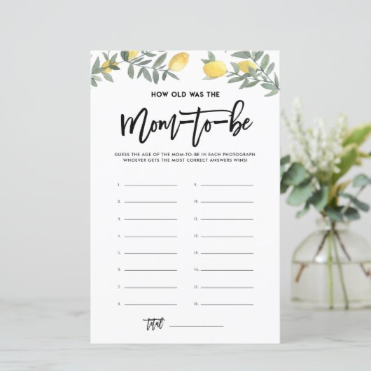 Boho Lemon hoe oud was mam Foto's Baby shower Game (Staand voorkant)