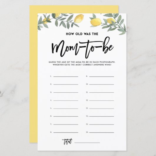 Boho Lemon hoe oud was mam Foto's Baby shower Game (Voorkant / Achterkant)