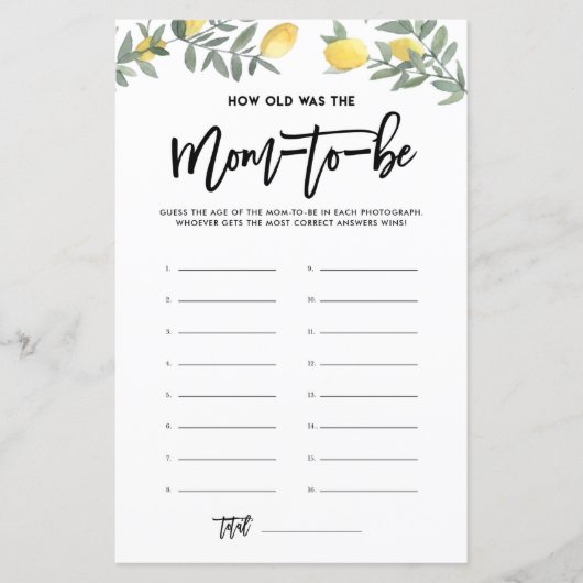 Boho Lemon hoe oud was mam Foto's Baby shower Game (Voorkant)
