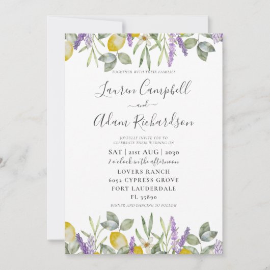 Boho Lemon & Lavender Foliage Wedding Invitation Kaart (Voorkant)