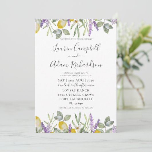 Boho Lemon & Lavender Foliage Wedding Invitation Kaart (Staand voorkant)