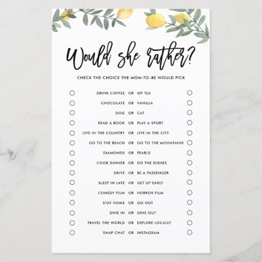 Boho Lemon zou mam in plaats van Baby shower spele (Voorkant)