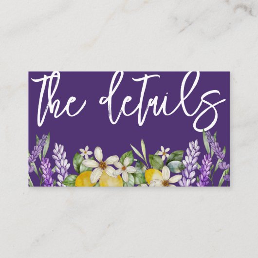 Boho Lemons en Paarse lavender Wedding Details Informatiekaartje (Voorkant)