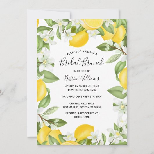 Boho Lemons Waterverf Bloemen Bruids Brunch Kaart (Voorkant)