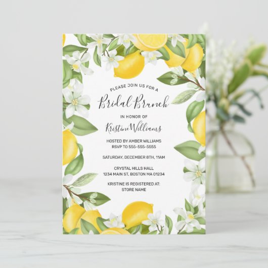 Boho Lemons Waterverf Bloemen Bruids Brunch Kaart (Staand voorkant)