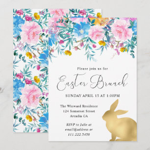 Boho Lente Bloemen en Gouden Konijnen Paasbrunch Kaart