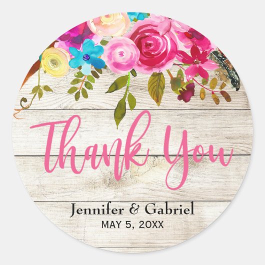 Boho Lente Roze Hout Bloemen Dank u Bruiloft Ronde Sticker (Voorkant)