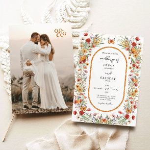 Boho Lente Waterverf Wildbloemen Foto Bruiloft Kaart