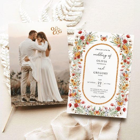 Boho Lente Waterverf Wildbloemen Foto Bruiloft Kaart