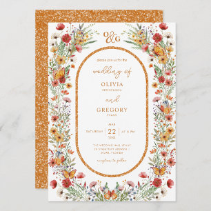 Boho Lente Waterverf Wildbloemen Gouden Bruiloft Kaart