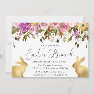Boho-lentebloemen en gouden konijnen Paasbrunch Kaart