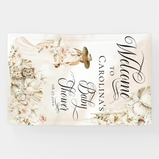 Boho Leopard | Baby shower van tropische regenwond Spandoek (Horizontaal)