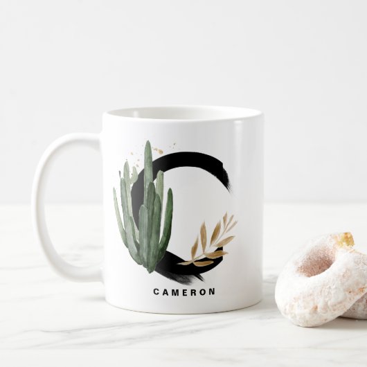 Boho Letter C Monogram Waterverf Tropische Cactus Koffiemok (Met donut)