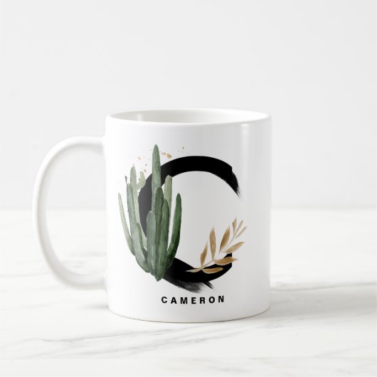 Boho Letter C Monogram Waterverf Tropische Cactus Koffiemok (Links)