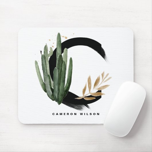 Boho Letter C Monogram Waterverf Tropische Cactus Muismat (Met muis)