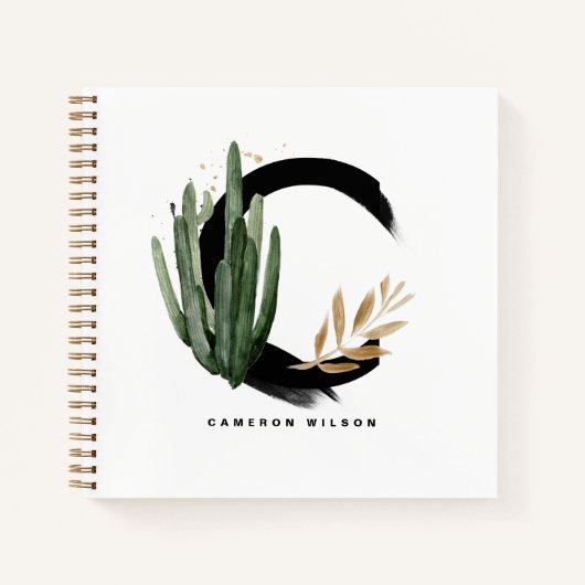 Boho Letter C Monogram Waterverf Tropische Cactus Notitieboek (Voorkant)