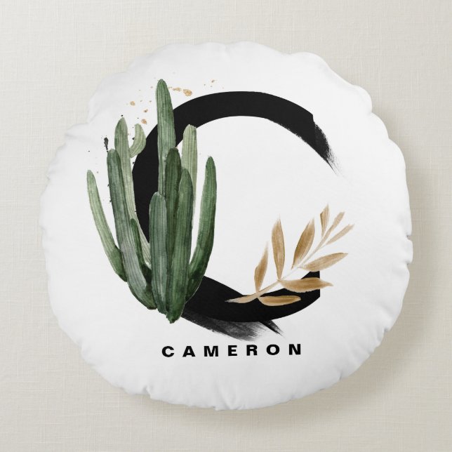 Boho Letter C Monogram Waterverf Tropische Cactus Rond Kussen (Voorkant)