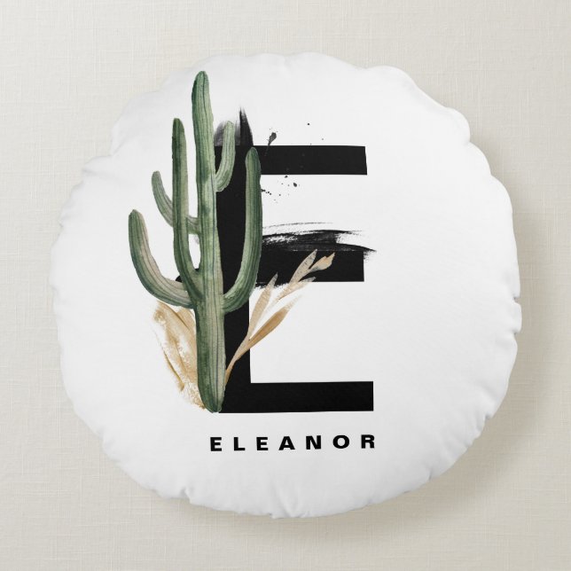 Boho Letter E Monogram | Monogram tropische cactus Rond Kussen (Voorkant)