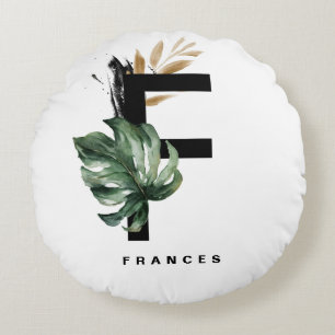 Boho Letter F Monogram   Tropische bladeren van Mo Rond Kussen
