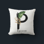 Boho Letter P Monogram Palm laat tropisch Kussen<br><div class="desc">letter P monogram kussen met waterverf tropisch palmblad,  faux gold folie leaf en zwarte waterverf borstelaccenten. Pas dit tropische monogram aan door jouw naam of andere details toe te voegen. Deze boho letter P monogram kussen zal perfect zijn als geschenk. Andere brieven zijn beschikbaar.</div>
