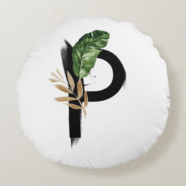 Boho Letter P Monogram Palm laat tropisch Rond Kussen (Voorkant)