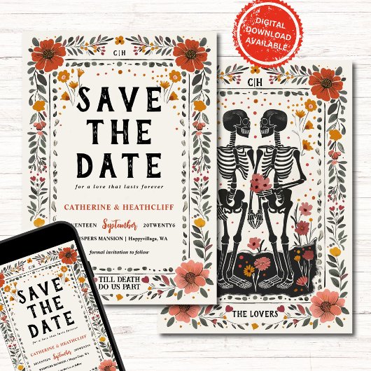 Boho Letterpress Skelet save the date Kaart