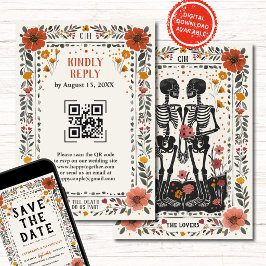 Boho Letterpress Stijl Skelet Tarot Trouw RSVP Kaart