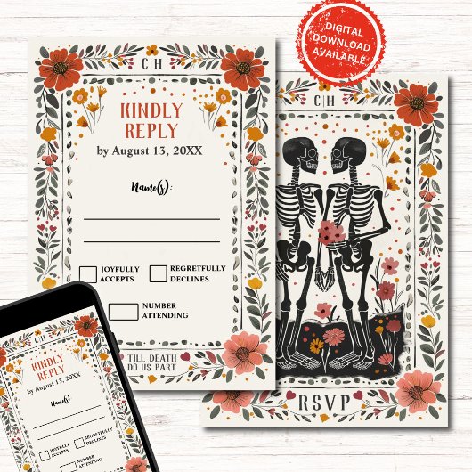 Boho Letterpress Stijl Skelet Tarot Trouw RSVP Kaart