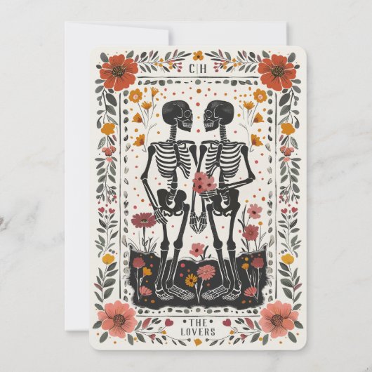 Boho Letterpress Style Skeleton Tarot Wedding Kaart (Achterkant)