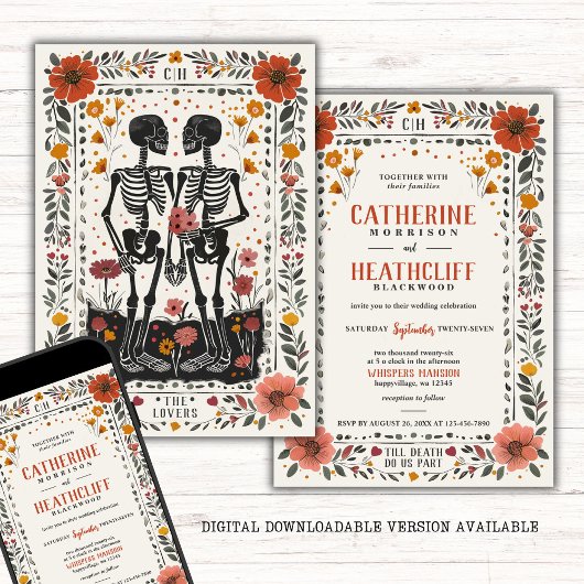 Boho Letterpress Style Skeleton Tarot Wedding Kaart
