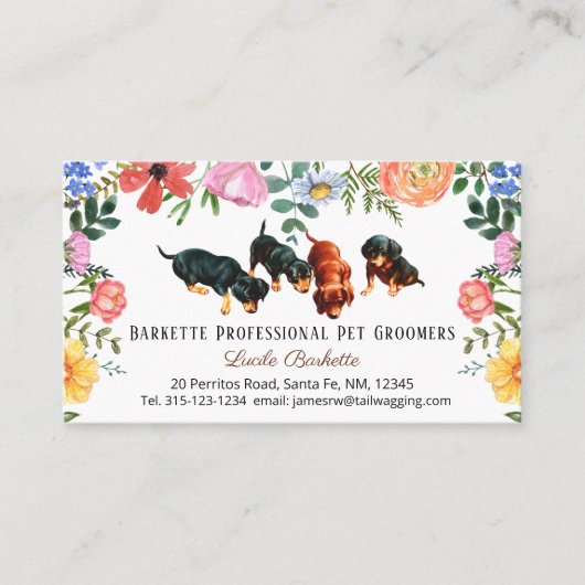 Boho Leuke Dachshund Pet Grooming Wildbloemen Visitekaartje (Voorkant)