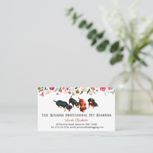 Boho Leuke Dachshund Pups Pet Boarding Floral Visitekaartje (Staand voorkant)