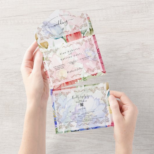 Boho levendige bloemen alles in één bruiloft uitno all in one uitnodiging (Afscheurbaar)